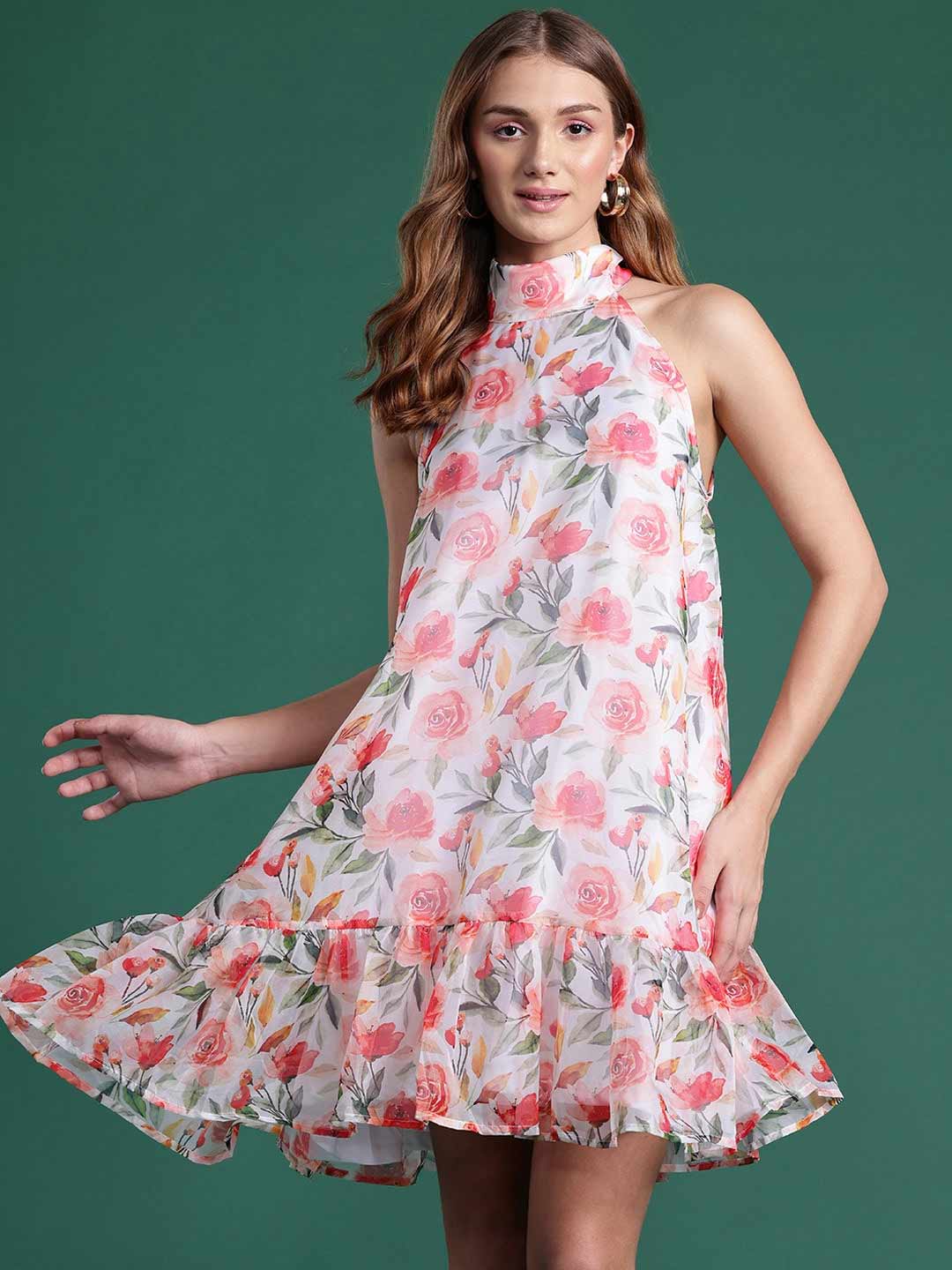 High-Neck A-Line Pink Rose Floral Dress