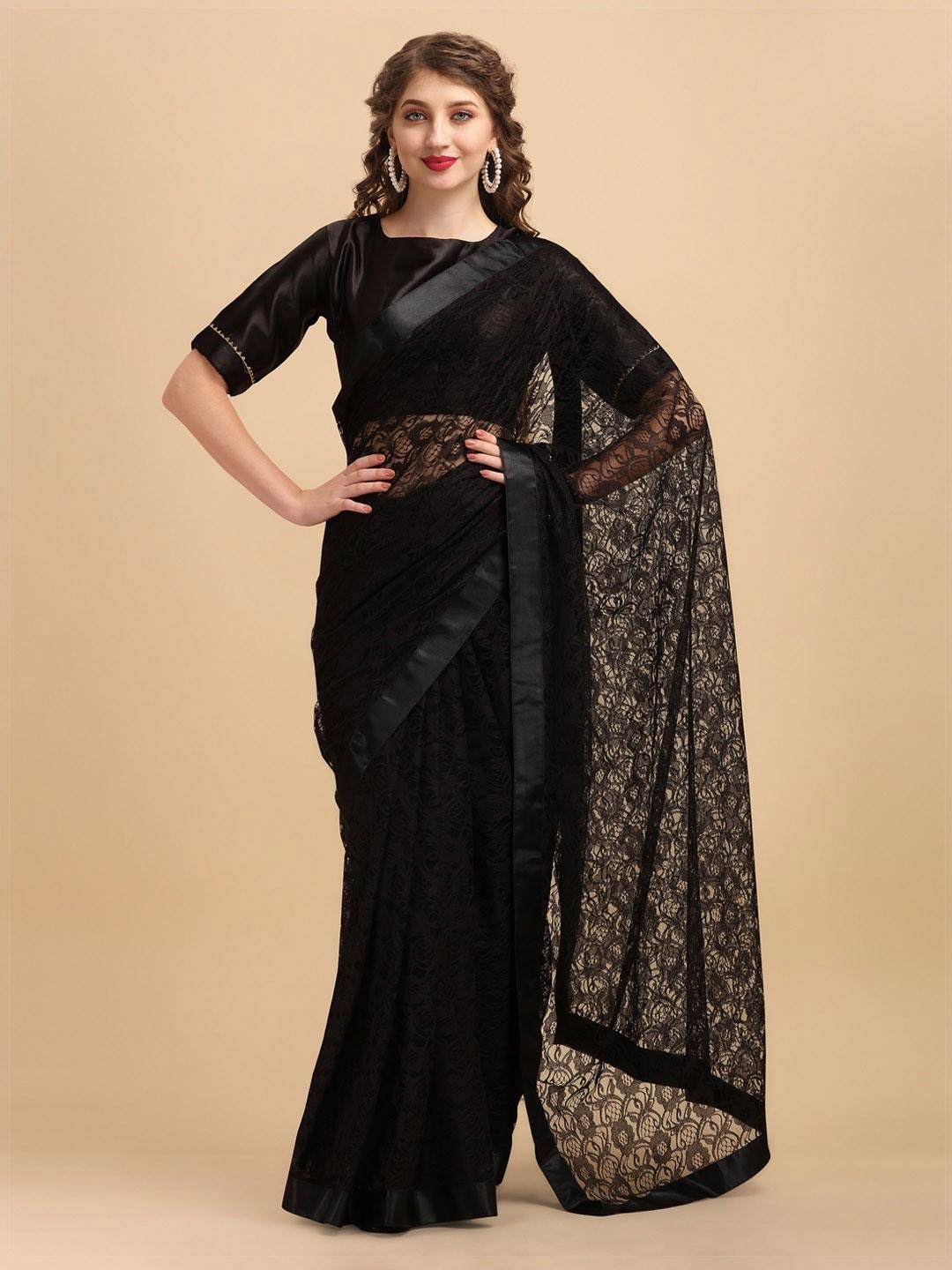 Black Batik Beads And Stones Lace Saree