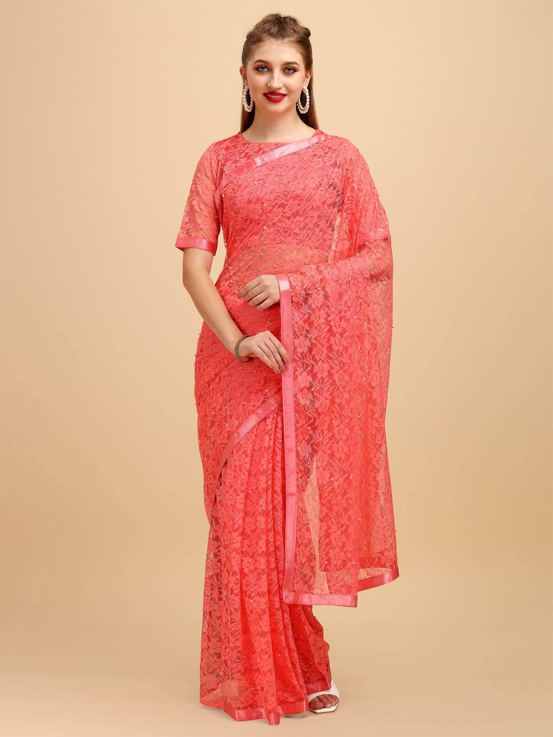 Pink Embellished Beads And Stones Lace Saree