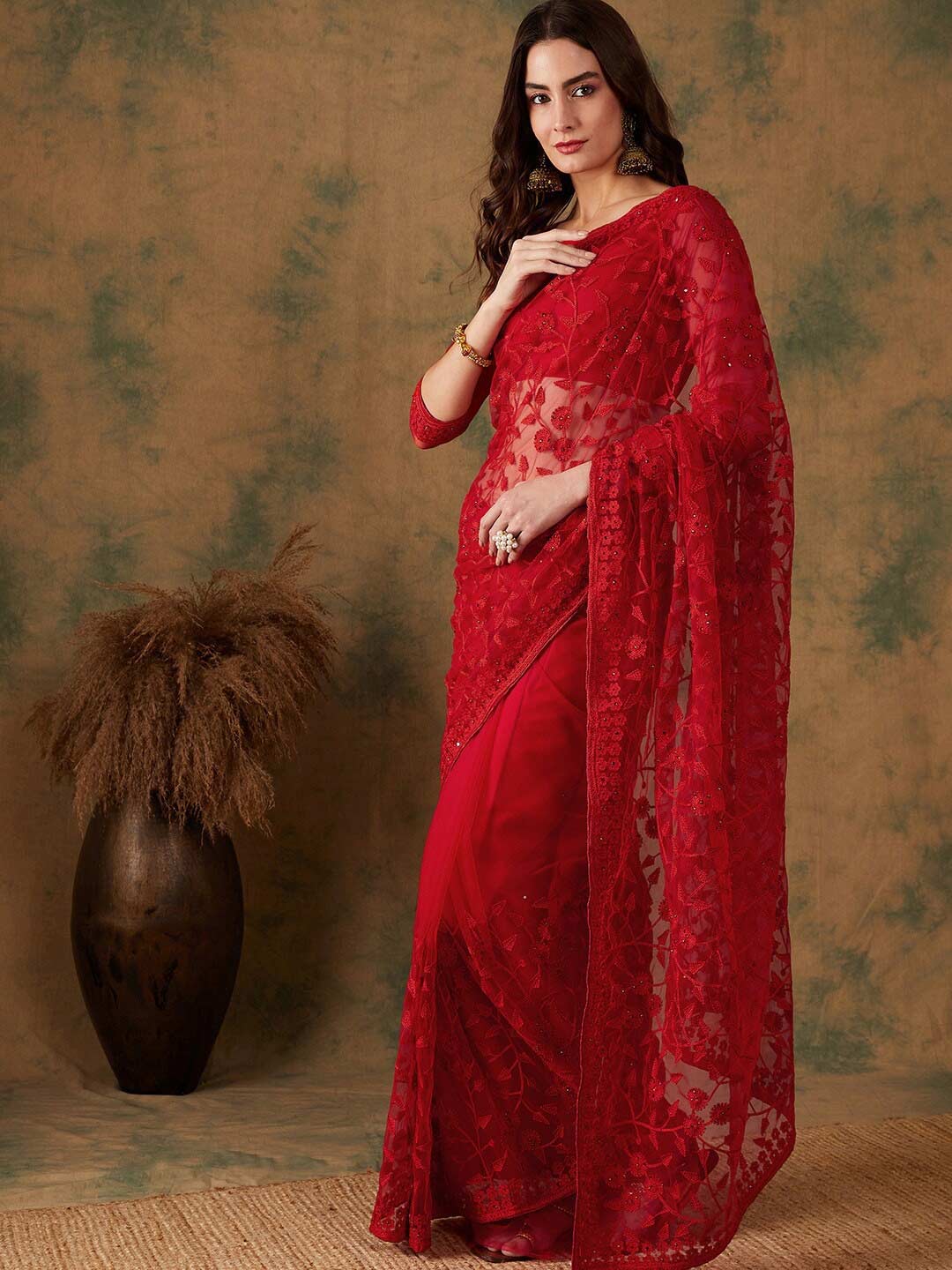 Floral Embroidered Net Red Saree