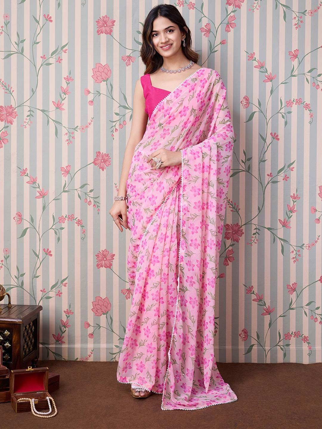 Floral Printed Georgette Pink Saree Design