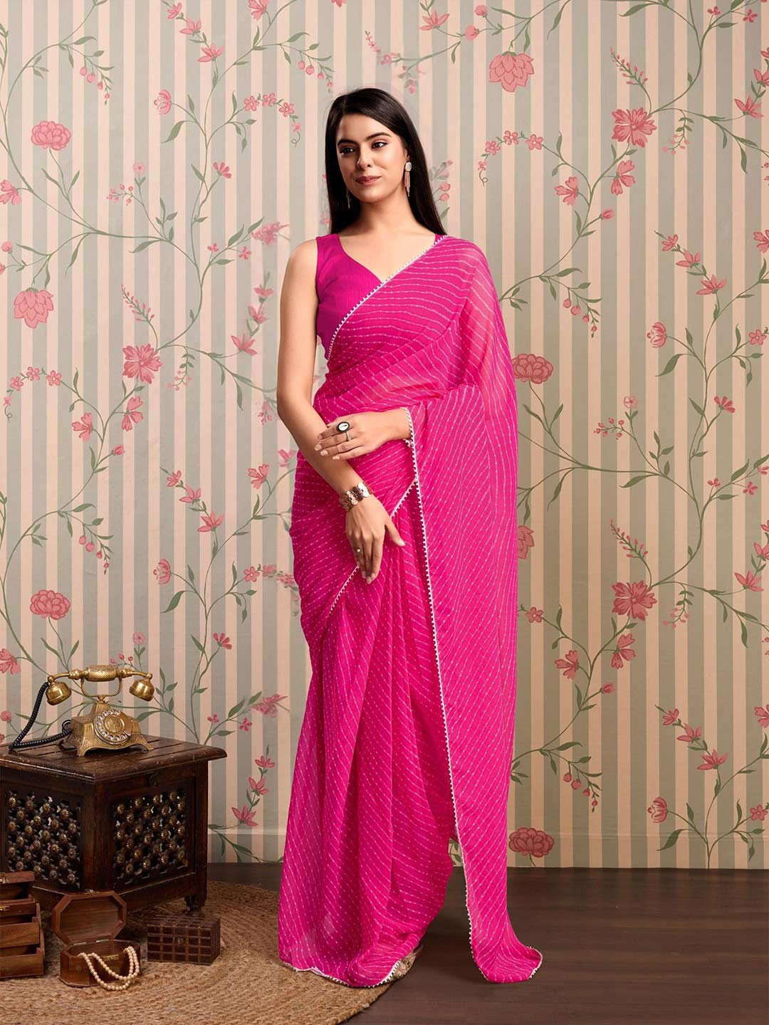 Leheriya Georgette Pink Saree With White Border