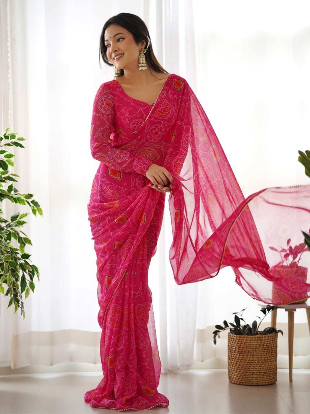 Printed Bandhani Georgette Pink Saree Design