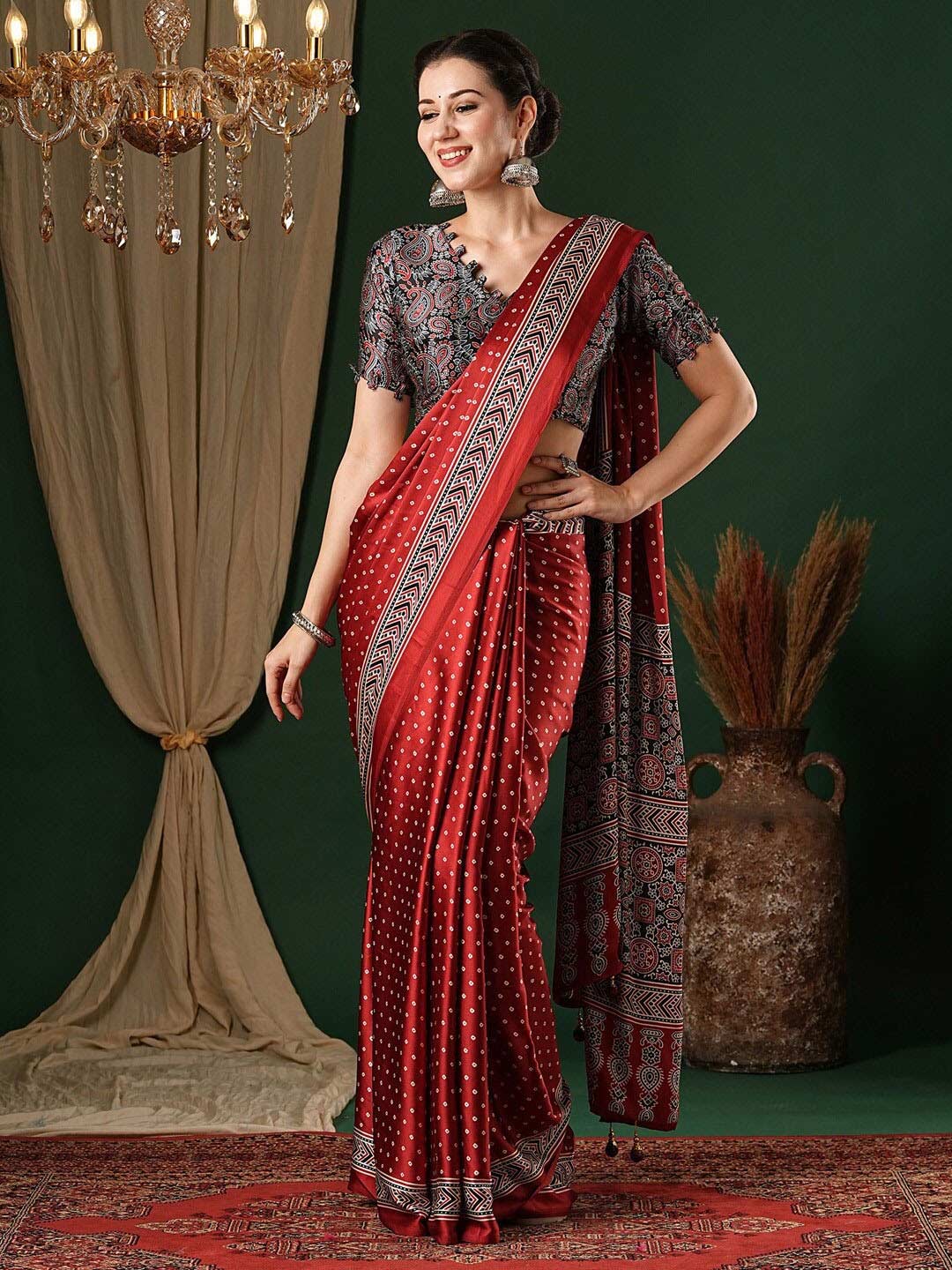 Pure Crepe Bandhani Red Saree With Silver Printed Border