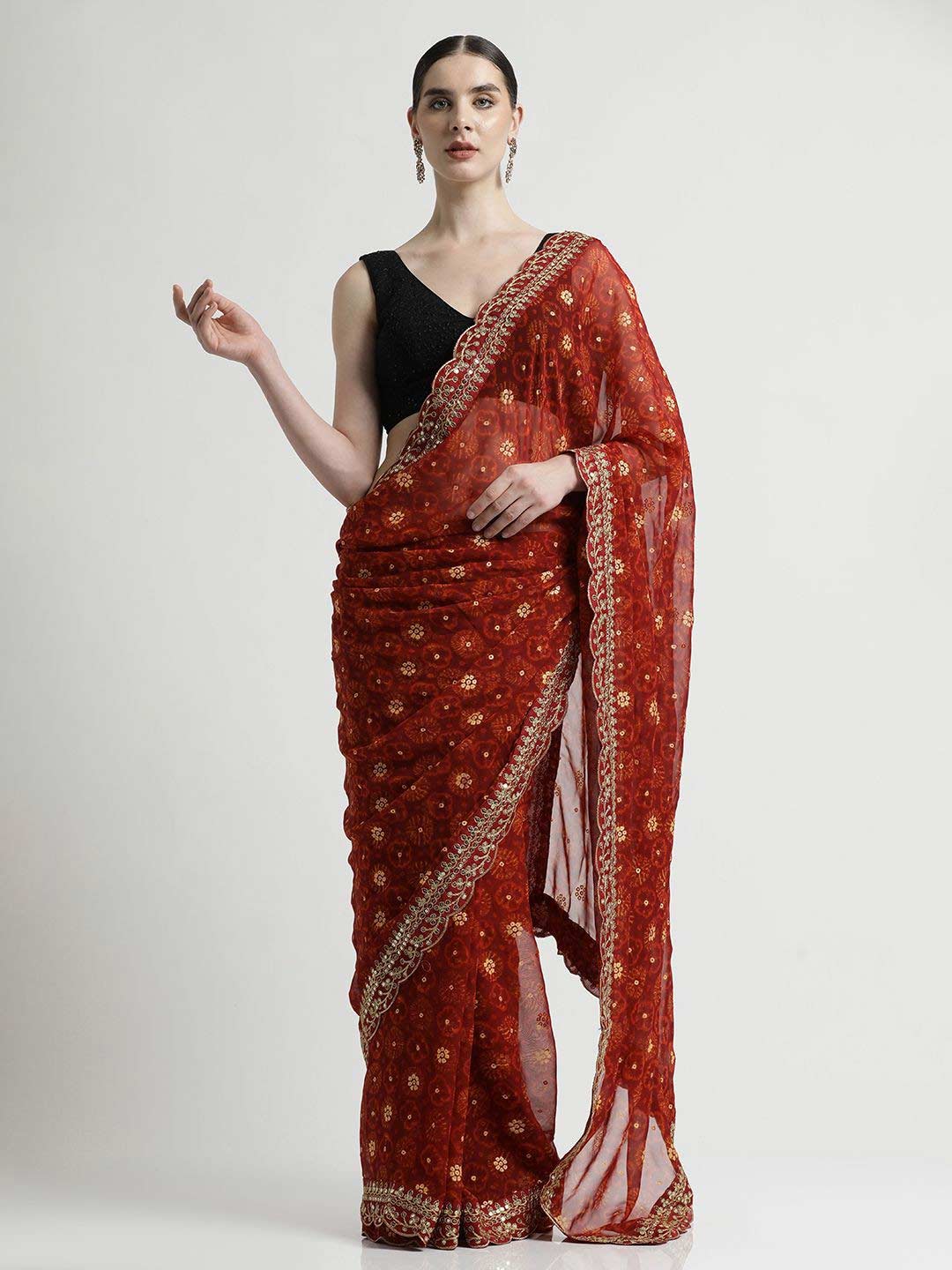 Pure Georgette Red Saree With Floral Embroidery