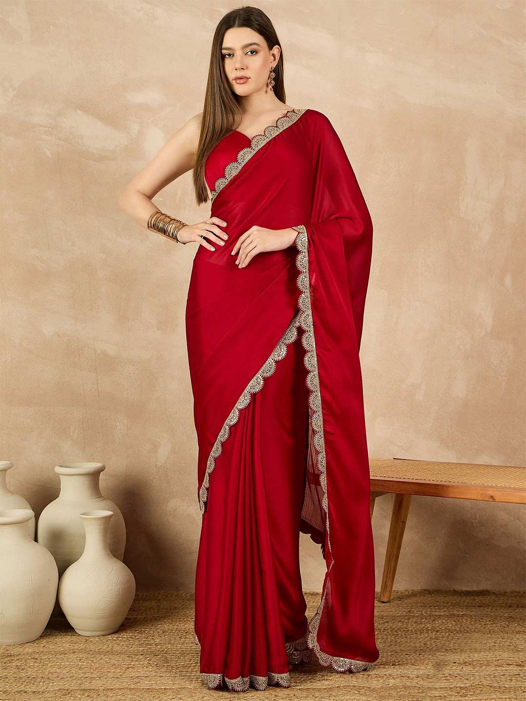 Satin Plain Red Saree With Silver Scalloped Border