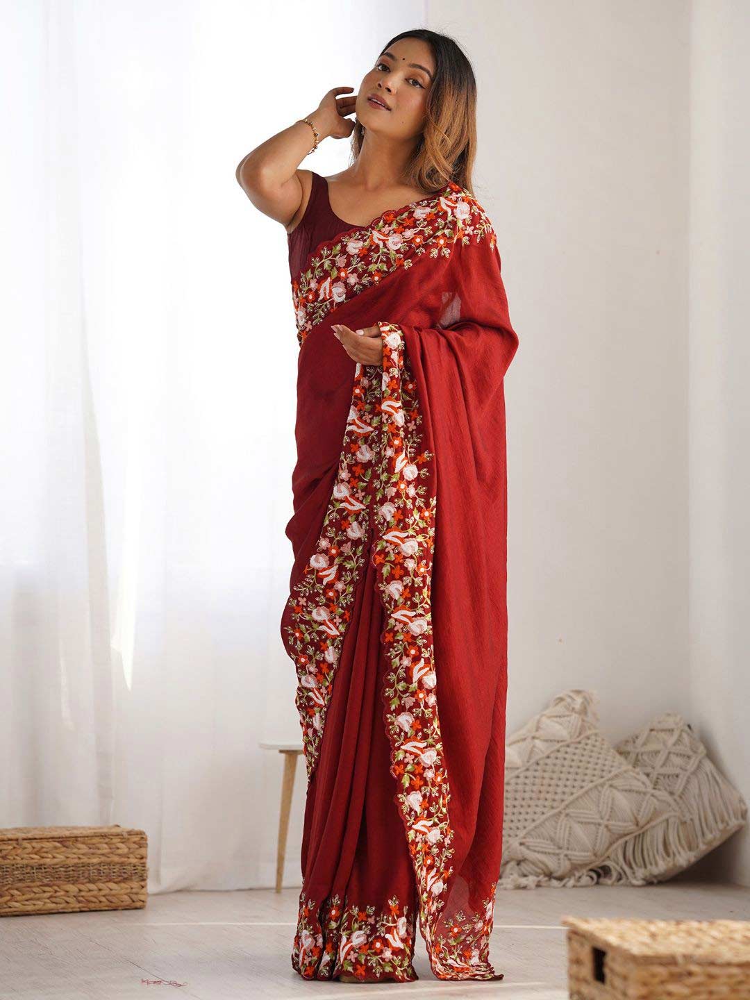 Silk Red Saree With Printed Floral Border