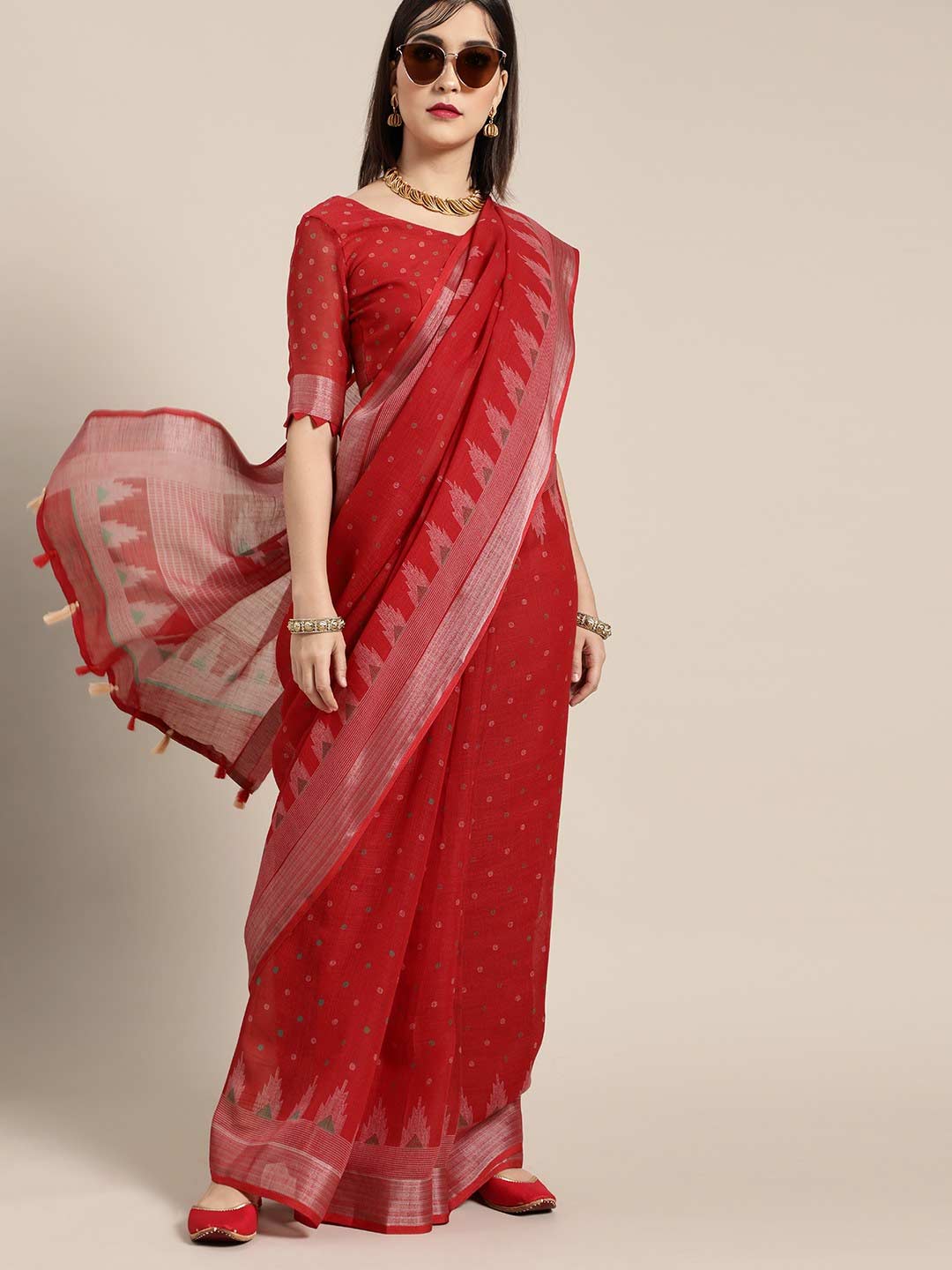 Traditional Linen Red Saree With Silver Zari Border