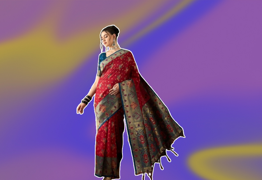 Maroon Saree With Royal Blue Contrast Blouse