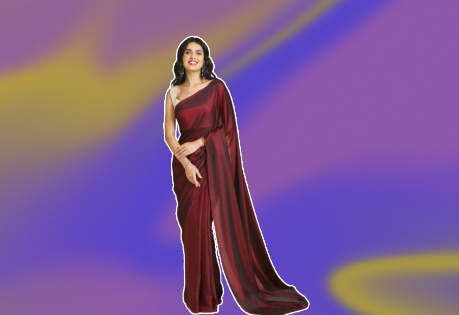Plain Maroon Saree With Cream Contrast Blouse