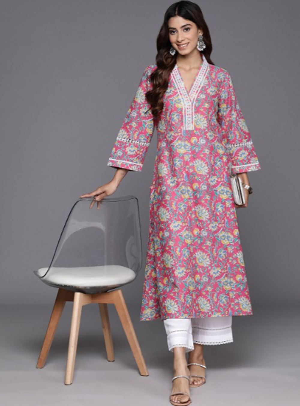 Pink Floral V-Neck Suit Design