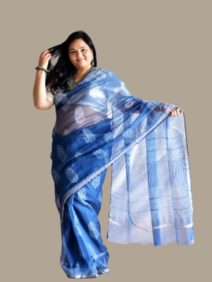 Blue And White Floral Print Kota Doria Cotton Saree