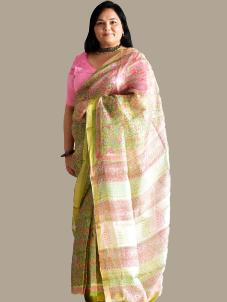 Pink And Green Floral Kota Doria Cotton Saree