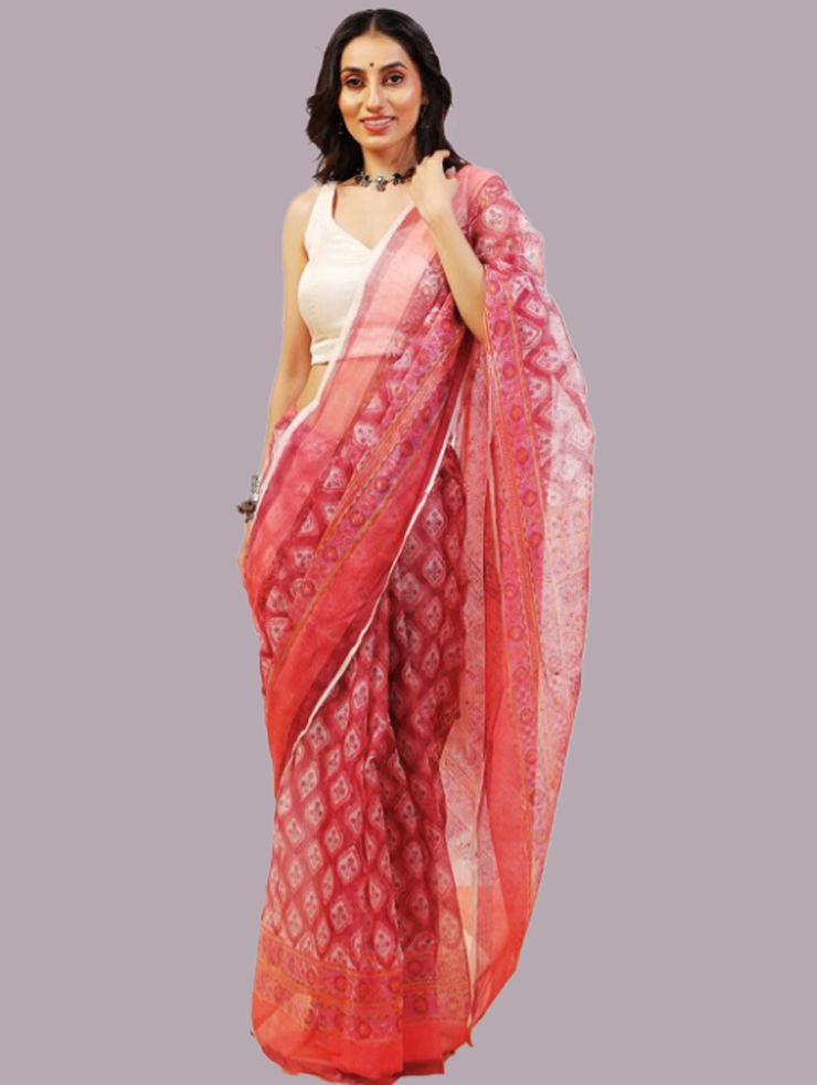Pink And White Block Print Handloom Kota Doria Cotton Saree