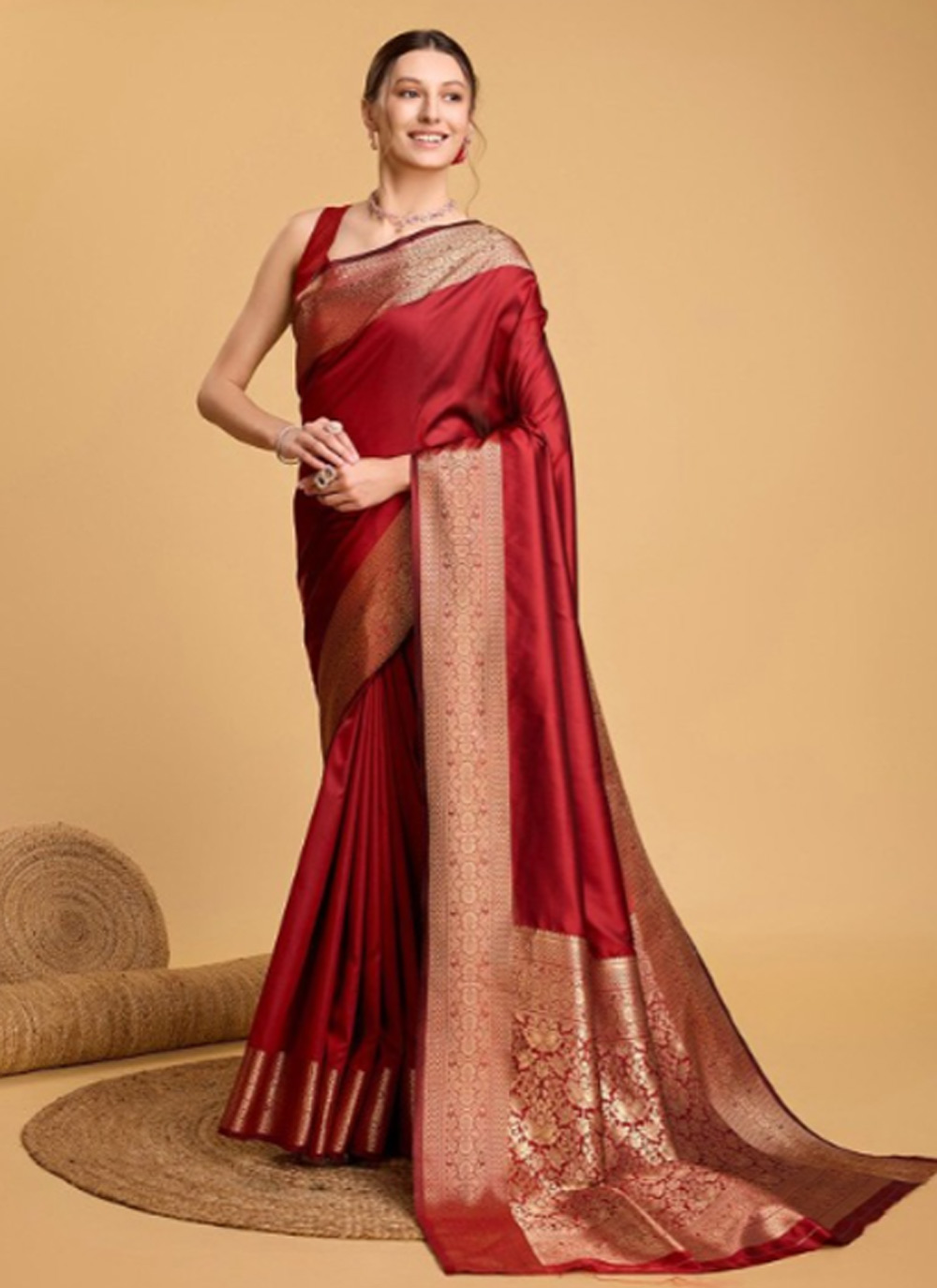 Pure Silk Red Kanchipuram Saree With Golden Border