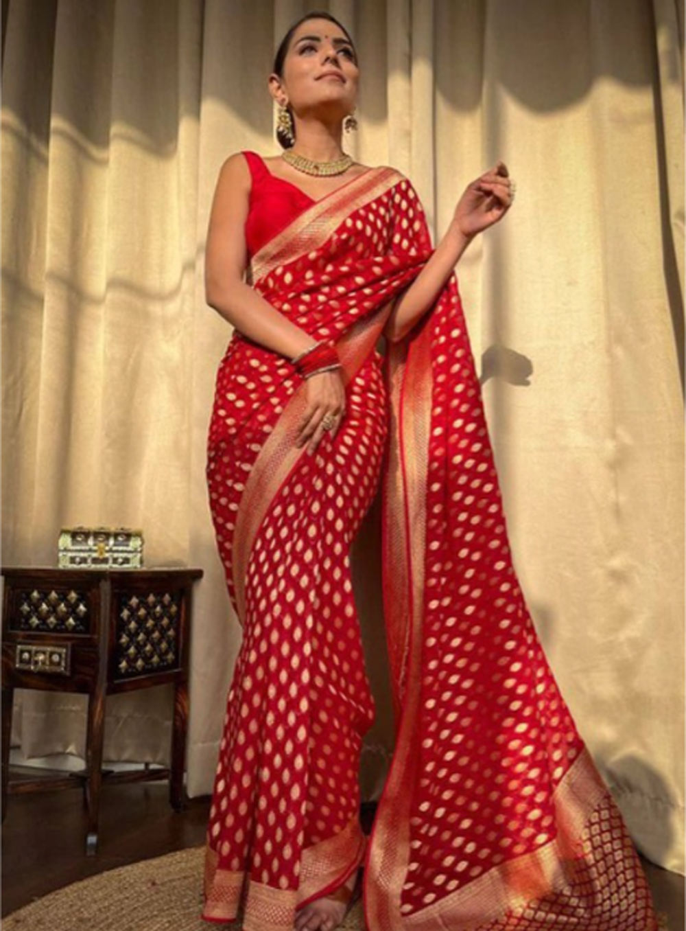 Red Kanchipuram Saree With Golden Polka Dots