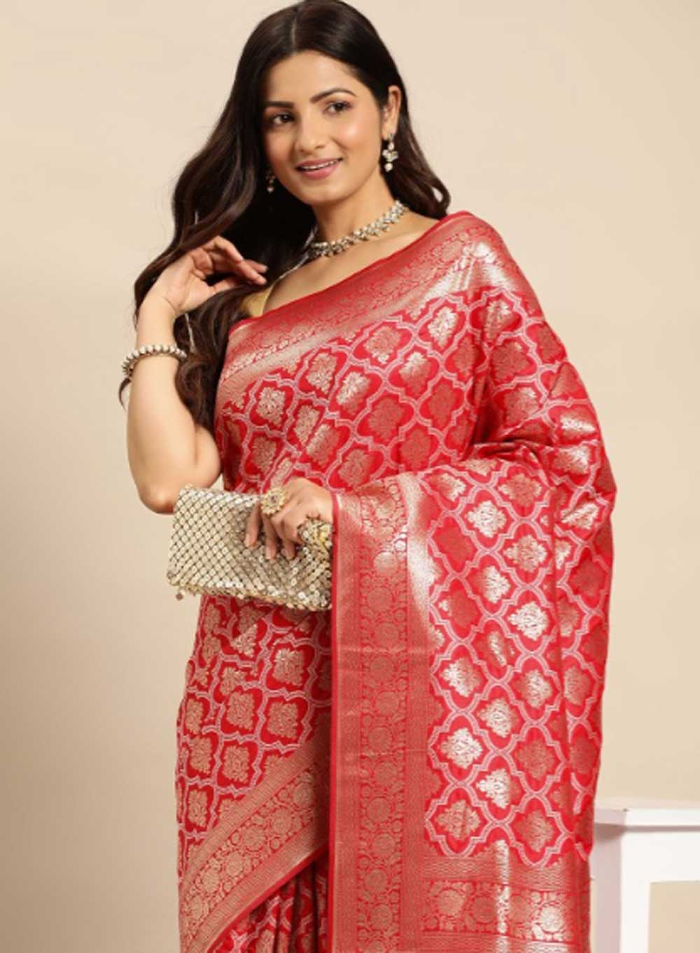 Red Kanchipuram Saree With Silver Ethnic Motif Work