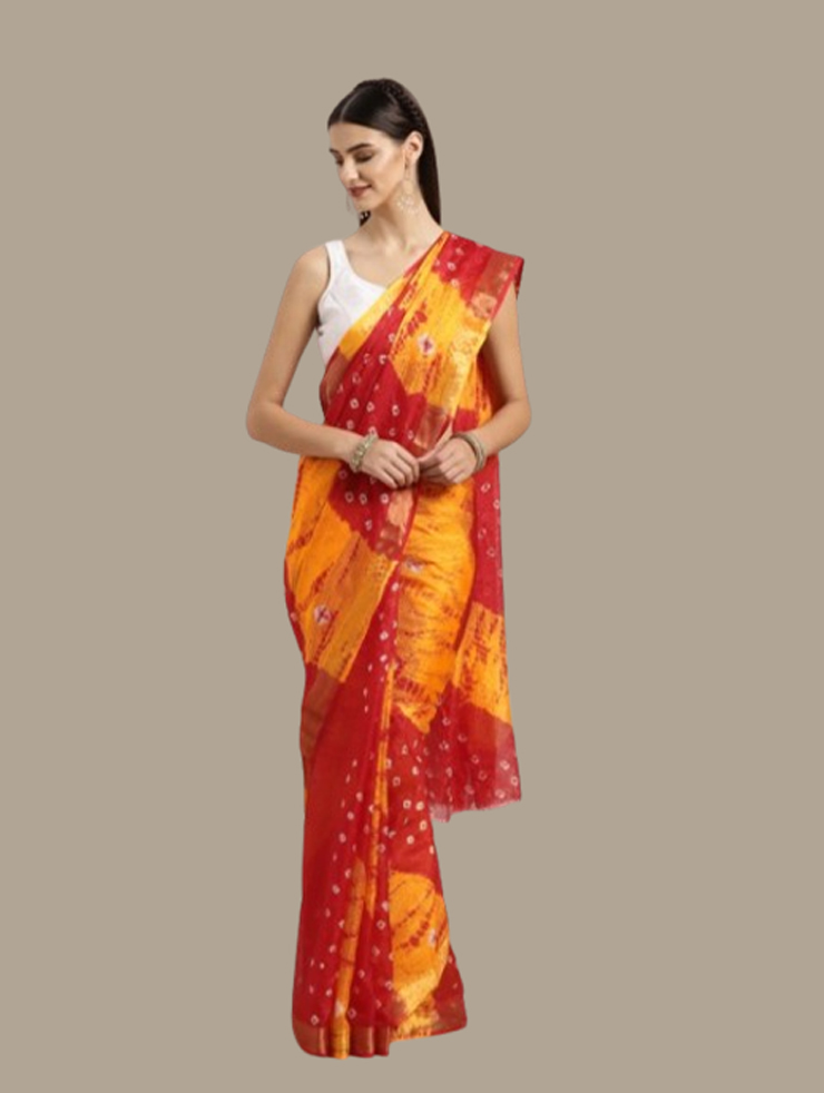 Yellow And Red Bandhani Kota Doria Cotton Saree