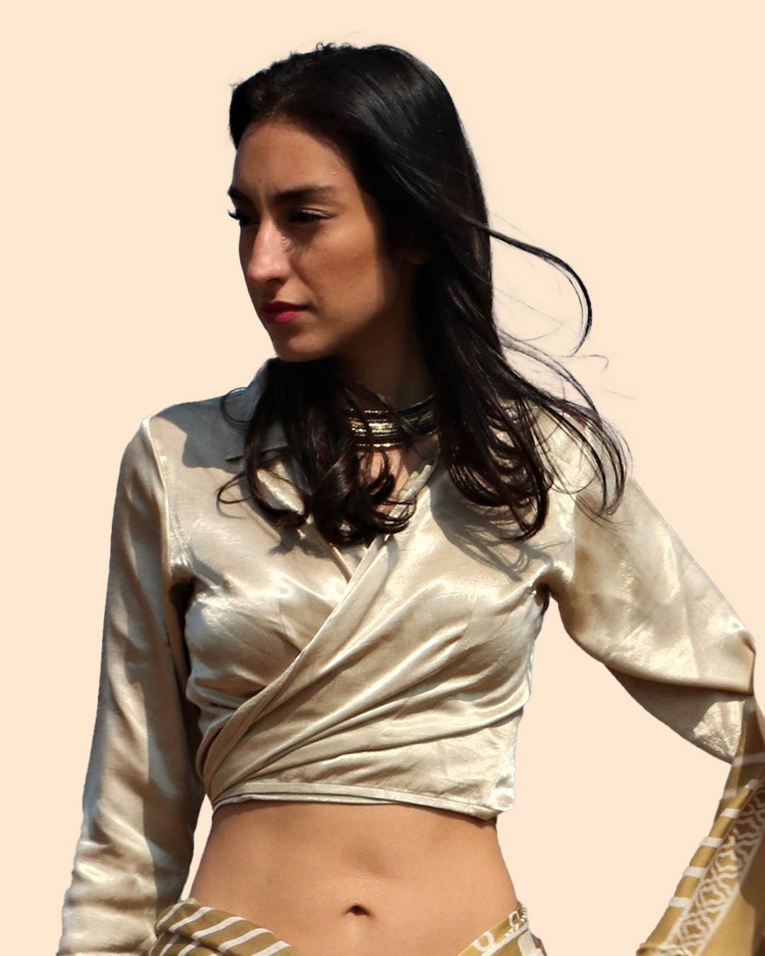 Full Sleeve Cream Silk Wrap Blouse With Collars