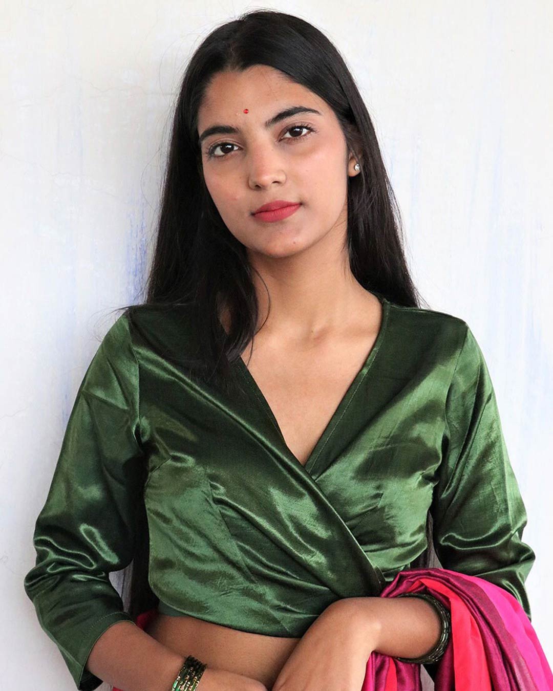 Full Sleeve Green Silk Wrap Blouse