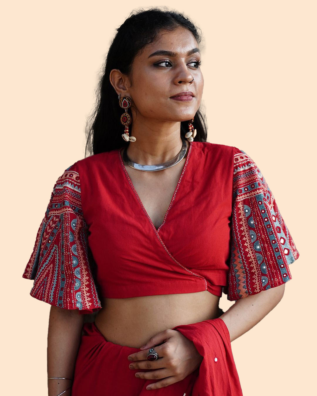 Red V Neck Wrap Blouse