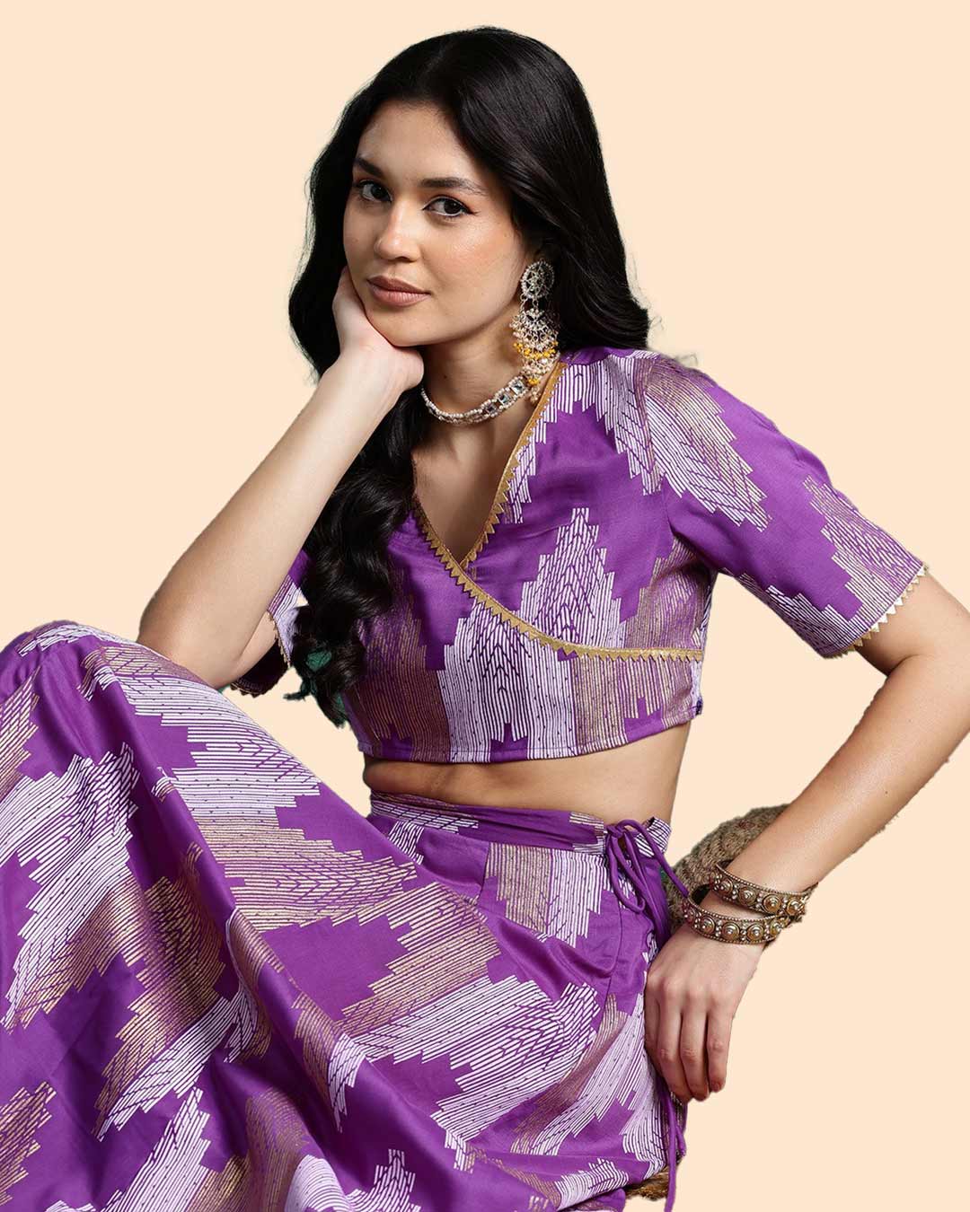 White Printed Purple Wrap Blouse With Short Sleeves