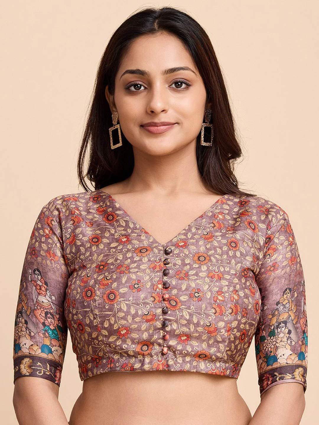 Grey Ethnic Motif Printed Buttoned Down Silk V Neck Blouse