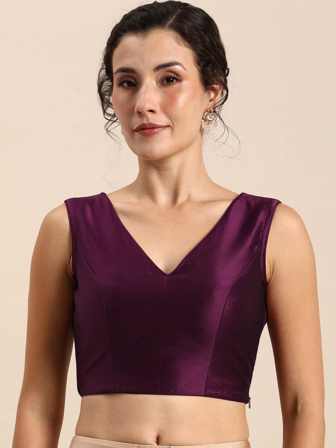 Purple Silk Plain V Neck Blouse