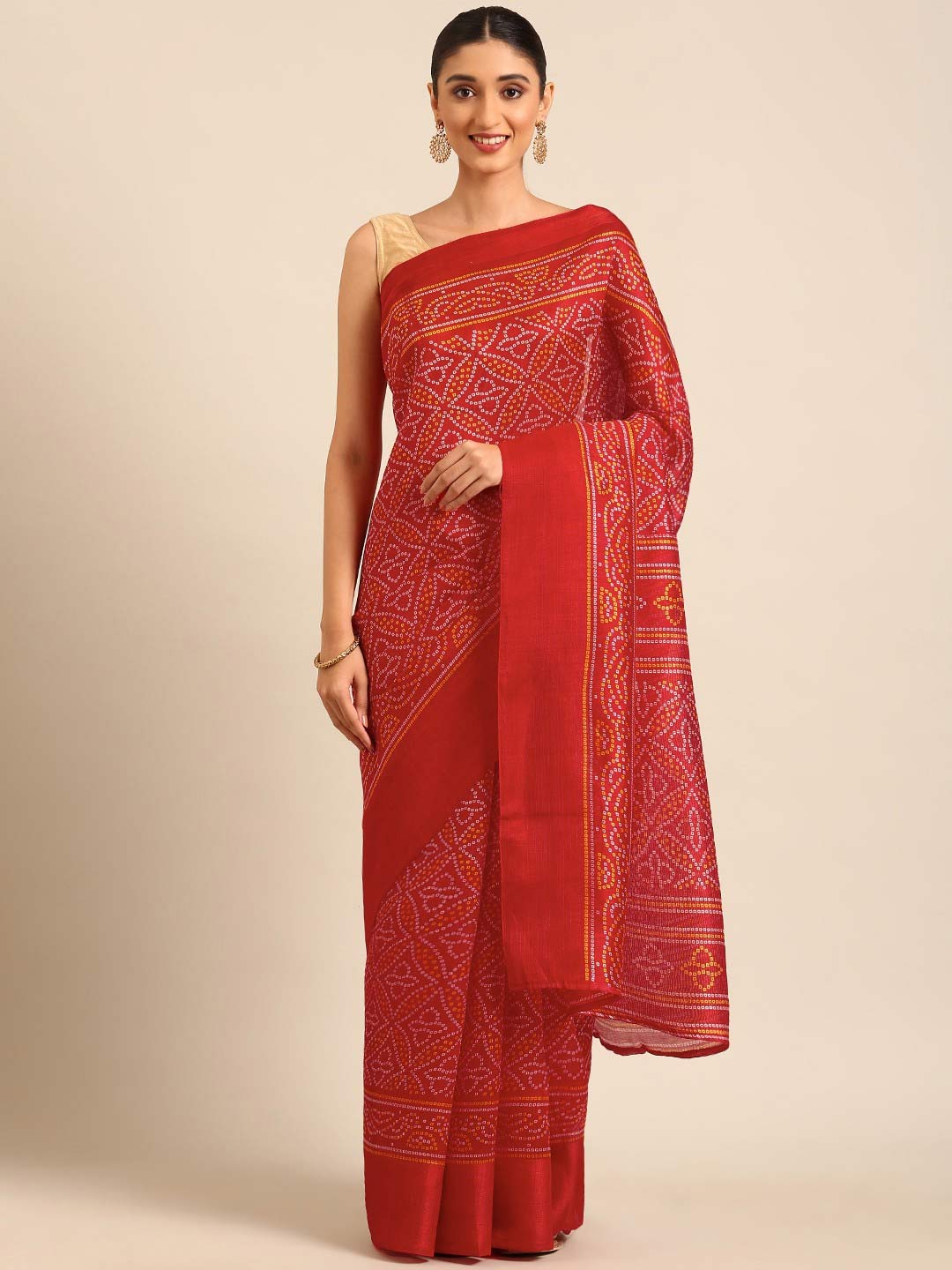 Red Bandhani Saree With Cream Contrast Blouse