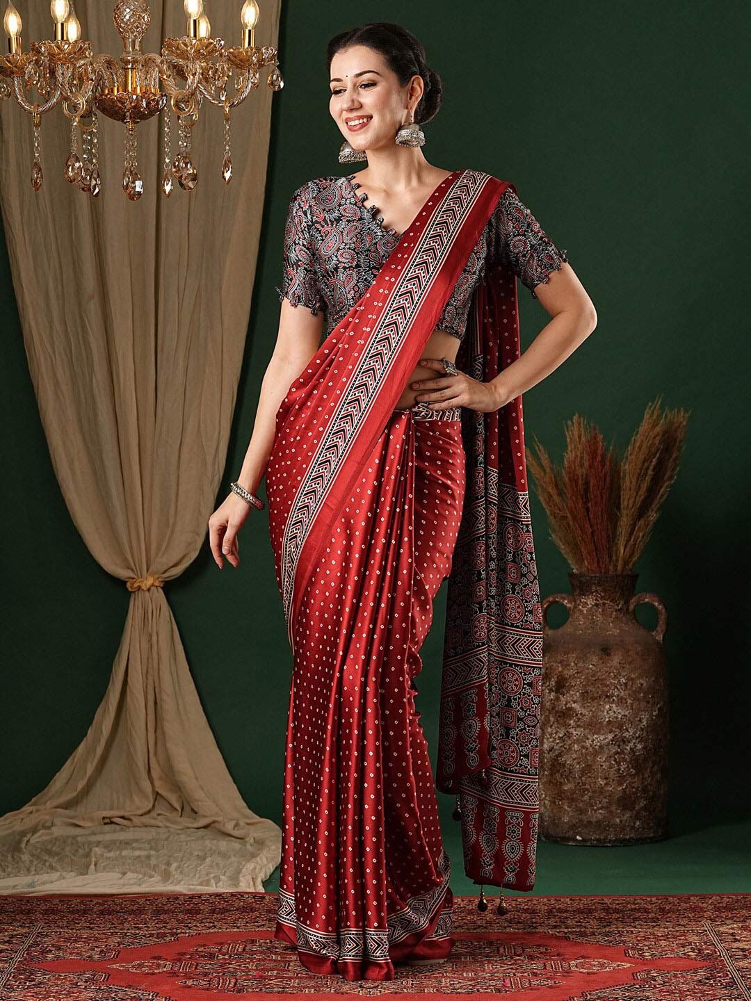 Red Bandhani Saree With Printed Contrast Blouse