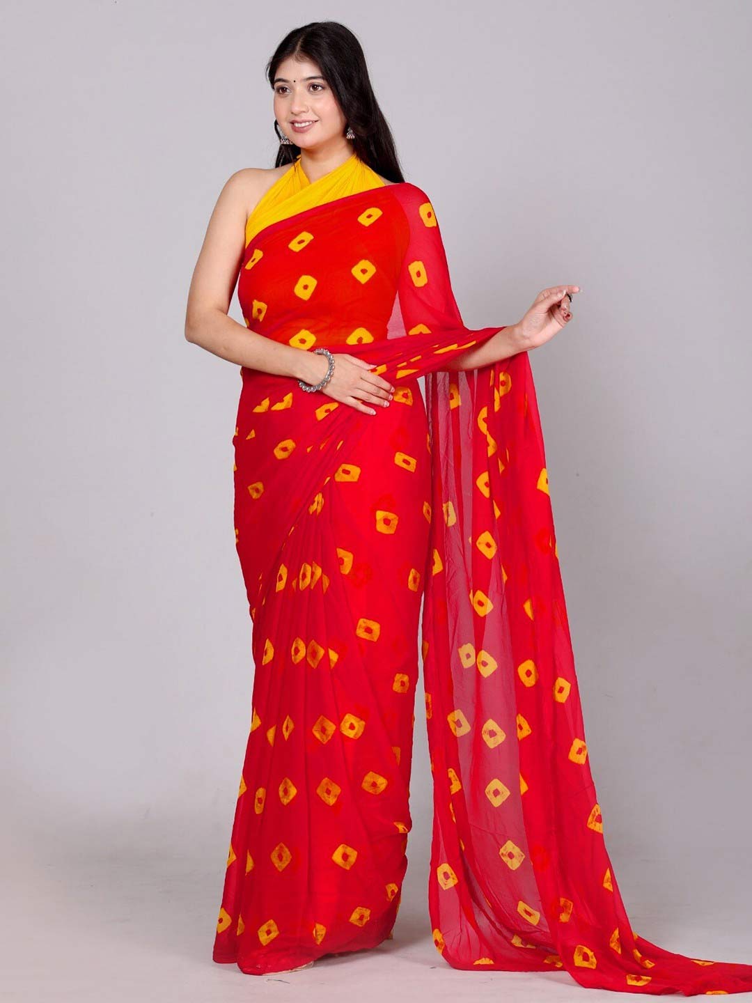 Red Bandhani Saree With Yellow Contrast Blouse