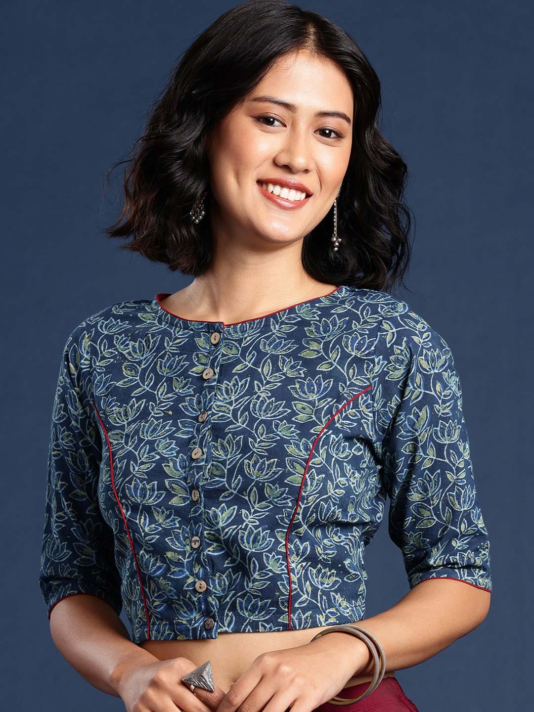 Blue Hand Block Printed Cotton Round Neck Blouse