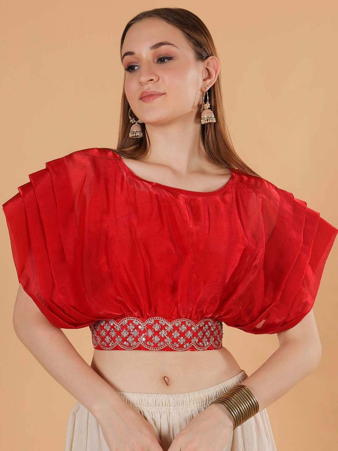 Bright Red Pleated Belt Round Neck Blouse