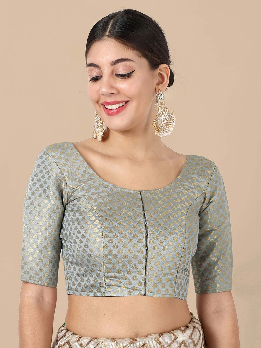 Grey Brocade Round Neck Blouse