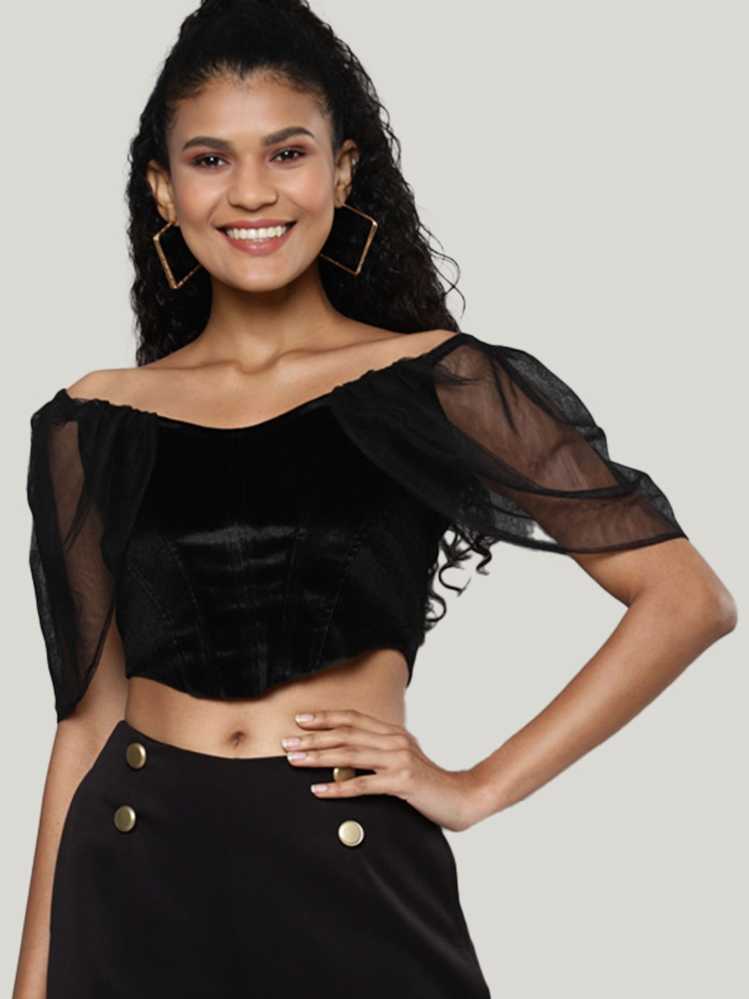 Off-Shoulder Velvet Crop Top Blouse