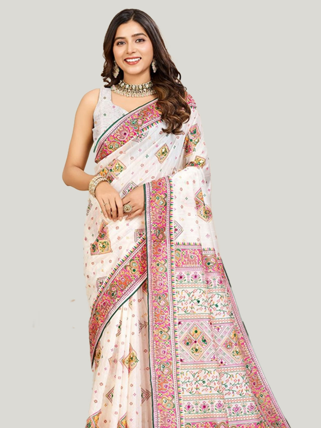 White And Pink Mirror Work Patola Cotton Saree