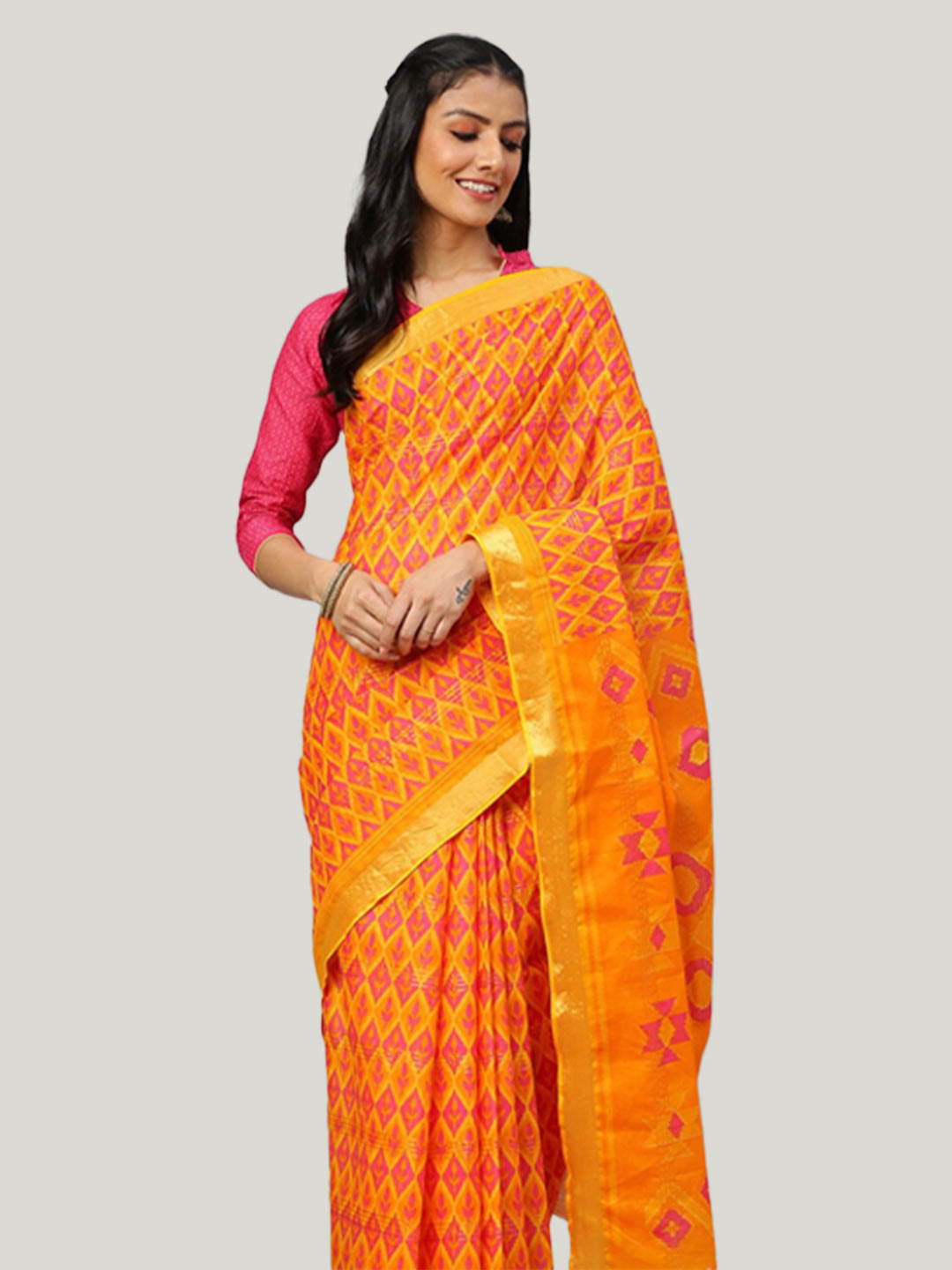 Yellow Printed Patola Cotton Saree