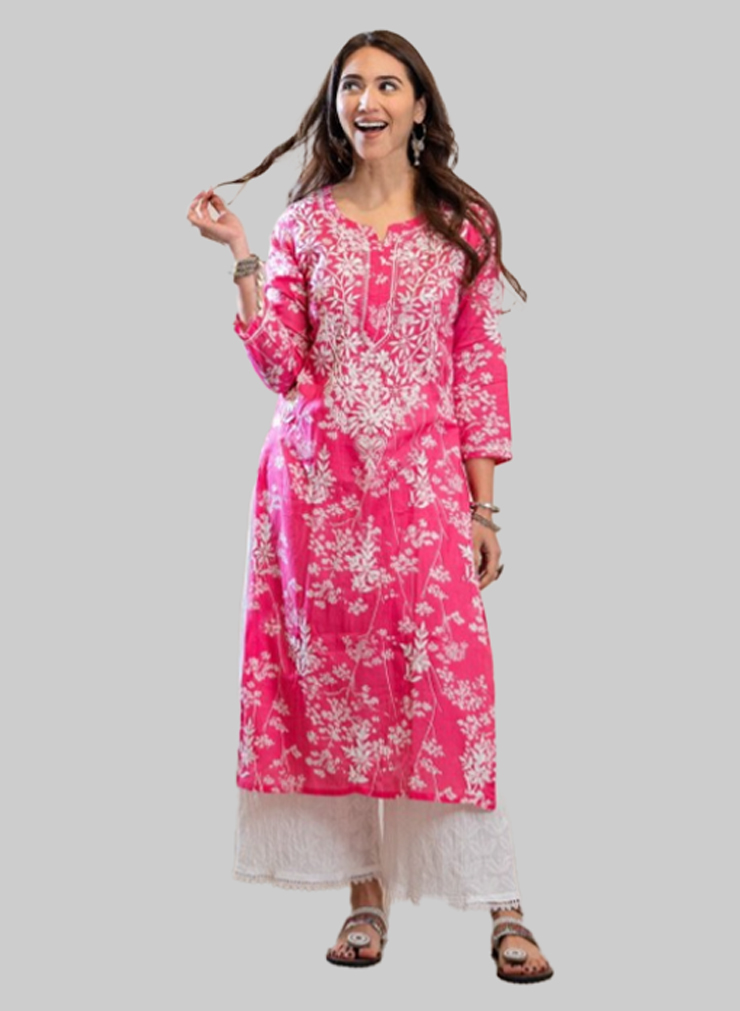 Bright Pink Cotton Chikankati Kurti