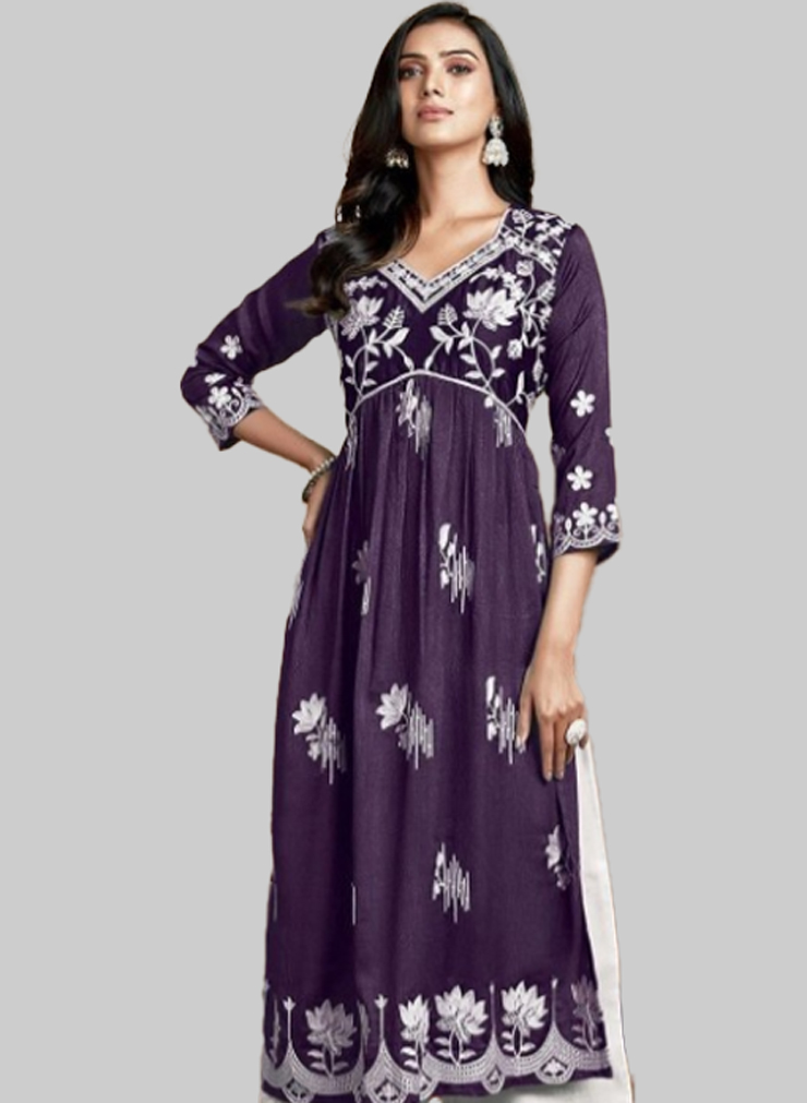 Fit And Flare Dark Purple Chikankari Kurti