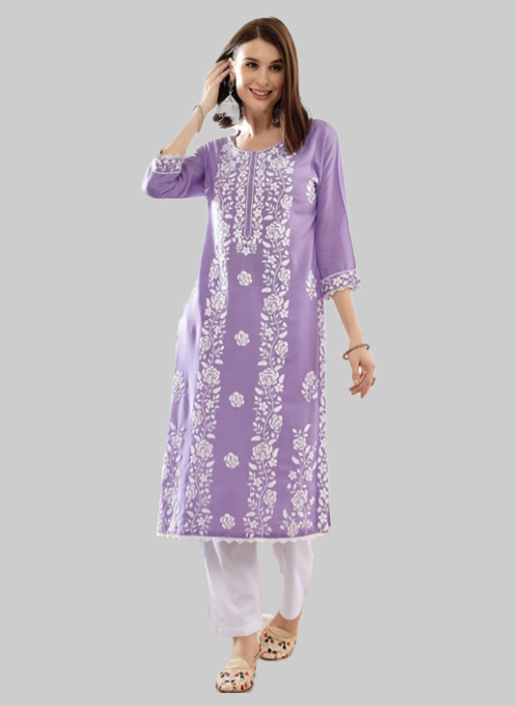Round Neck Floral Embroidered Lavender Chikankari Kurti