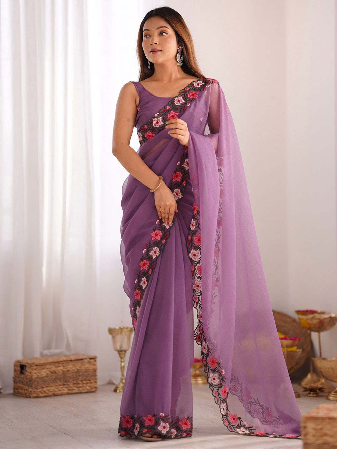 Dark Lavender Saree With Floral Embroidered Border