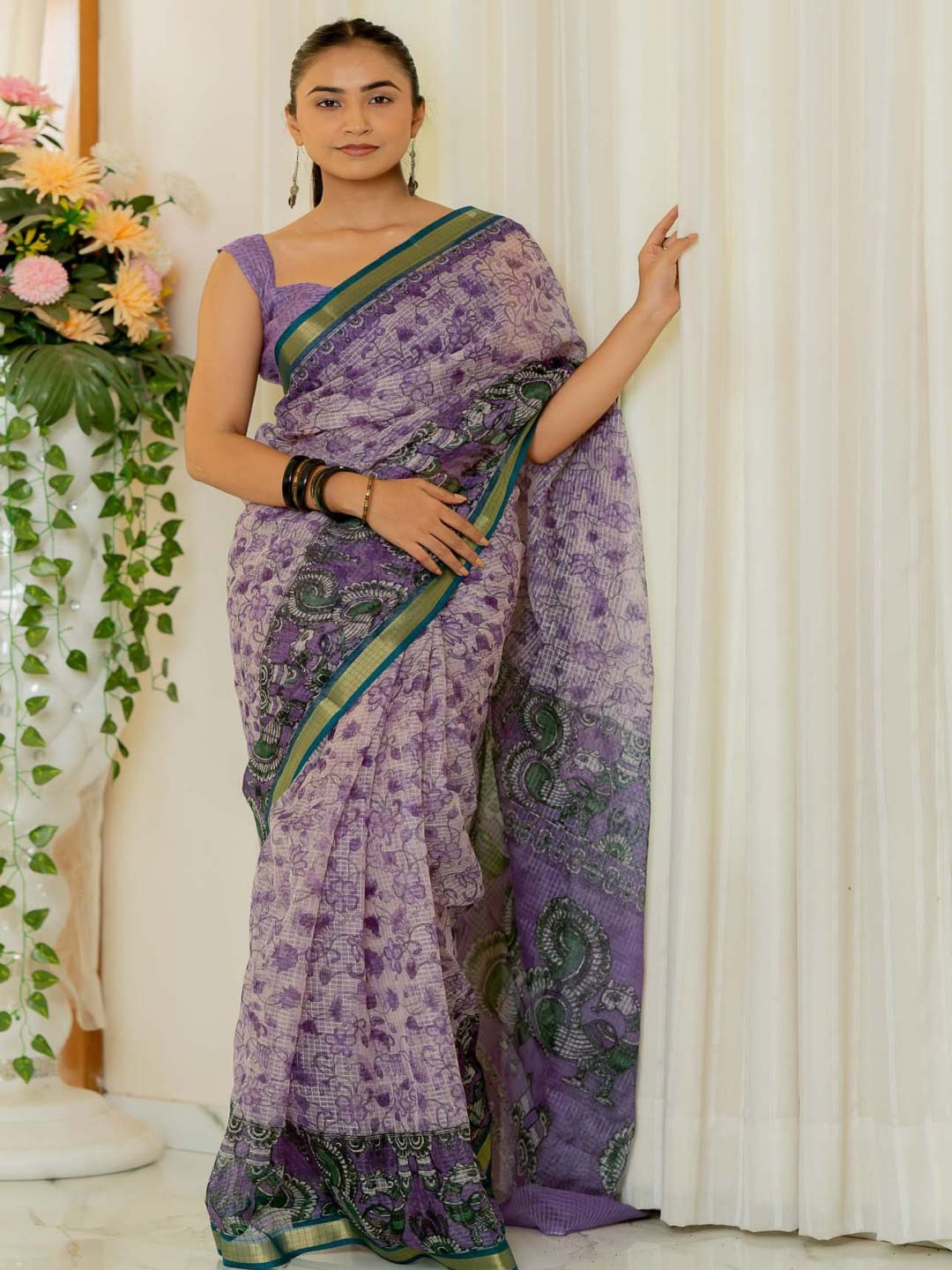 Floral Printed Zari Kota Lavender Saree With Green Border