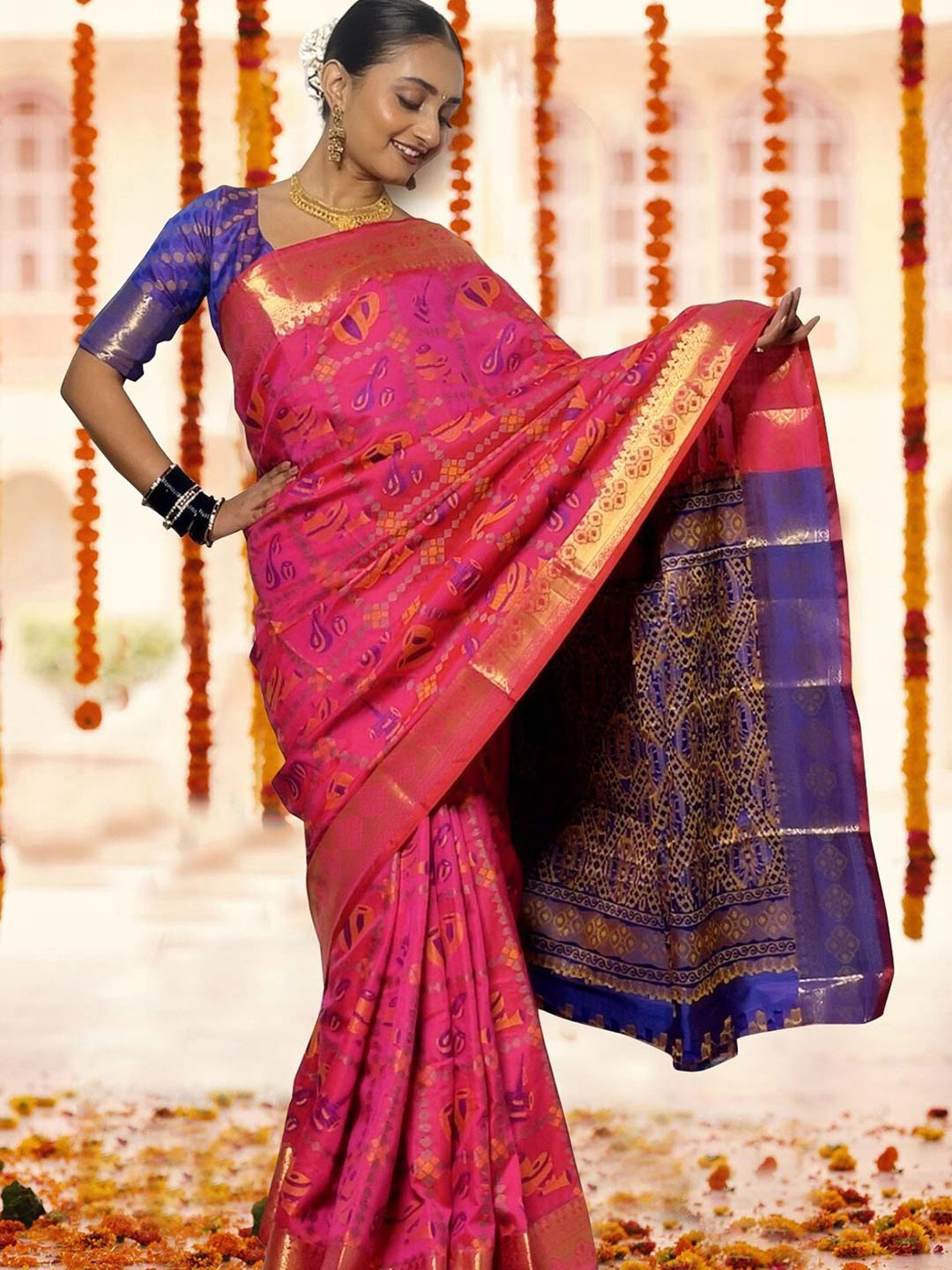 Pink Saree Blue Contrast Blouse Design
