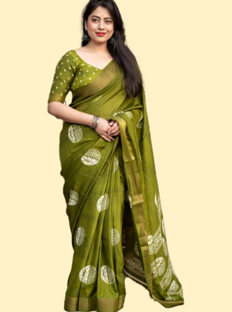 Batik Printed Cotton Green Saree