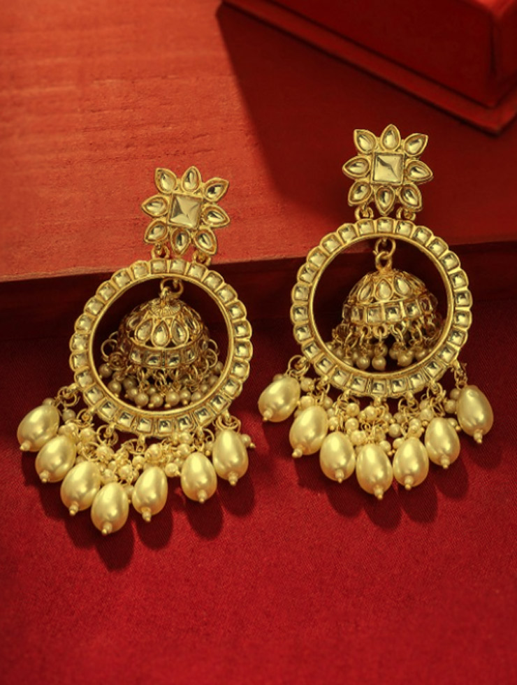 Gold And White Pearl Crescent Chandbali Jhumka Design