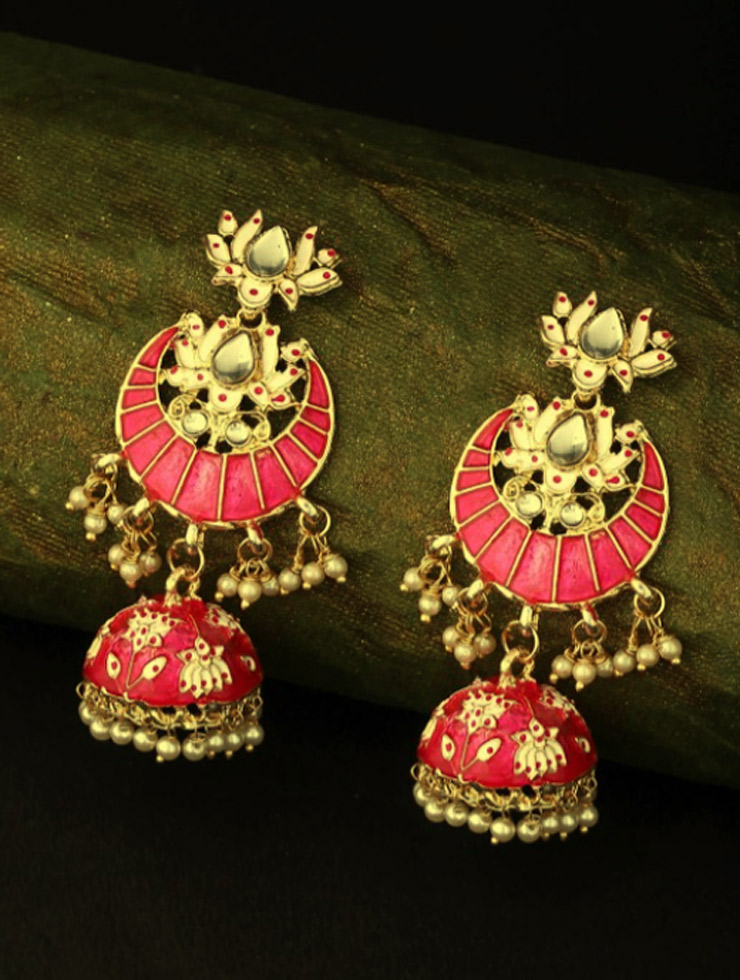 Pink Meenakari Chandbali Jhumka Design