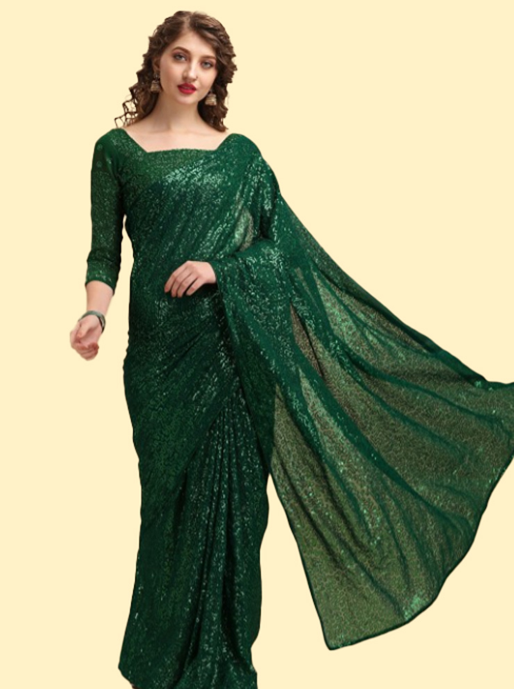 Pure Georgette Green Saree With All-Over Sequin Work