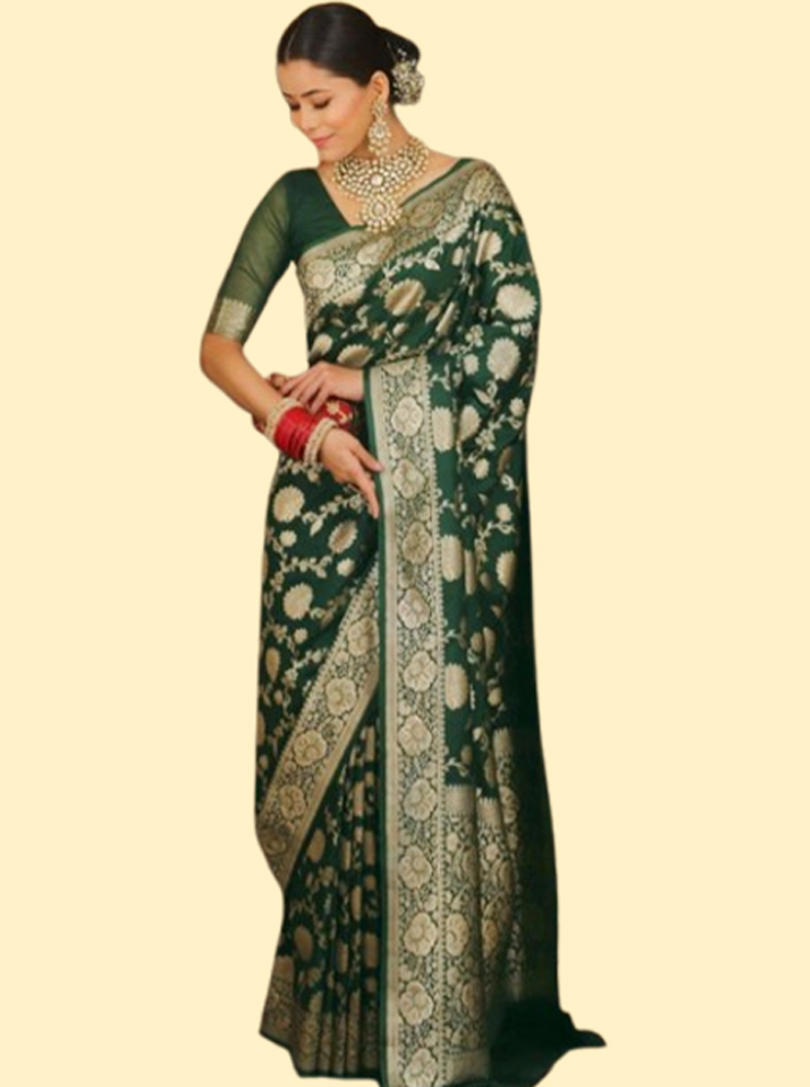 Pure Silk Banarasi Green Saree With Gold Zari Work