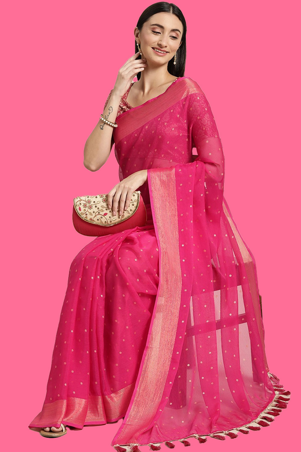Pink And Gold-Toned Floral Zari Pure Chiffon Saree