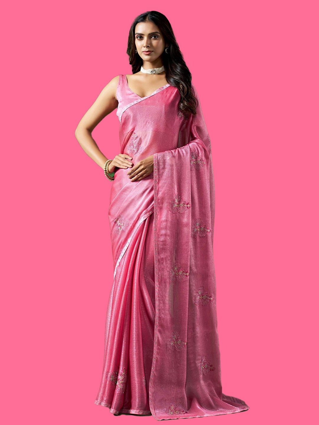 Pink Embellished Beads And Stones Party Saree